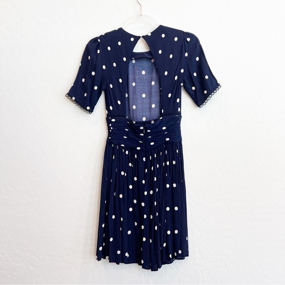 & Other Stories Women's Polka Dot Open Back Mini Dress Navy Blue Ruched Waist 2 - Picture 7 of 9